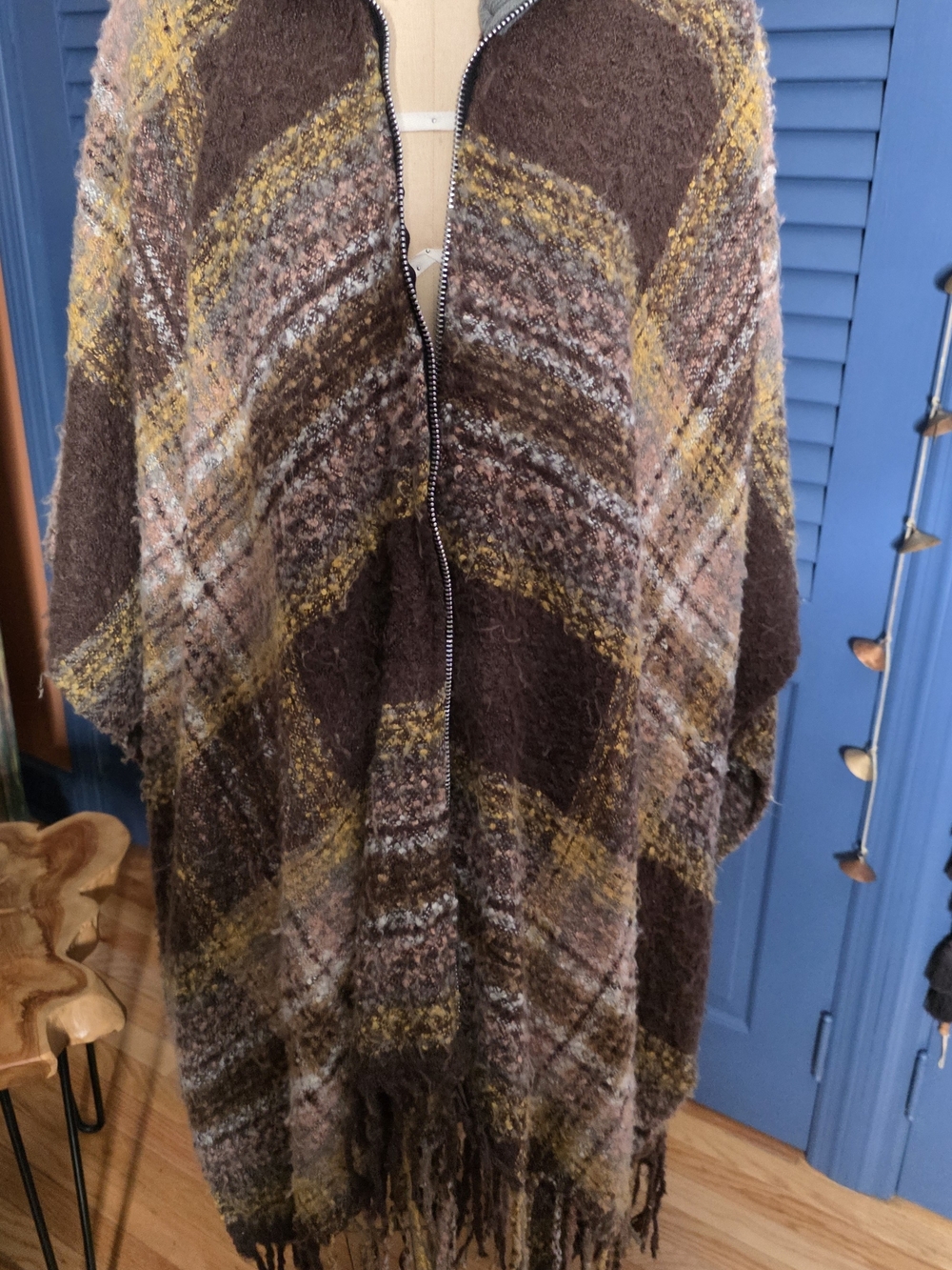 Brown Plaid Zip-Front Knit Poncho with Fringe